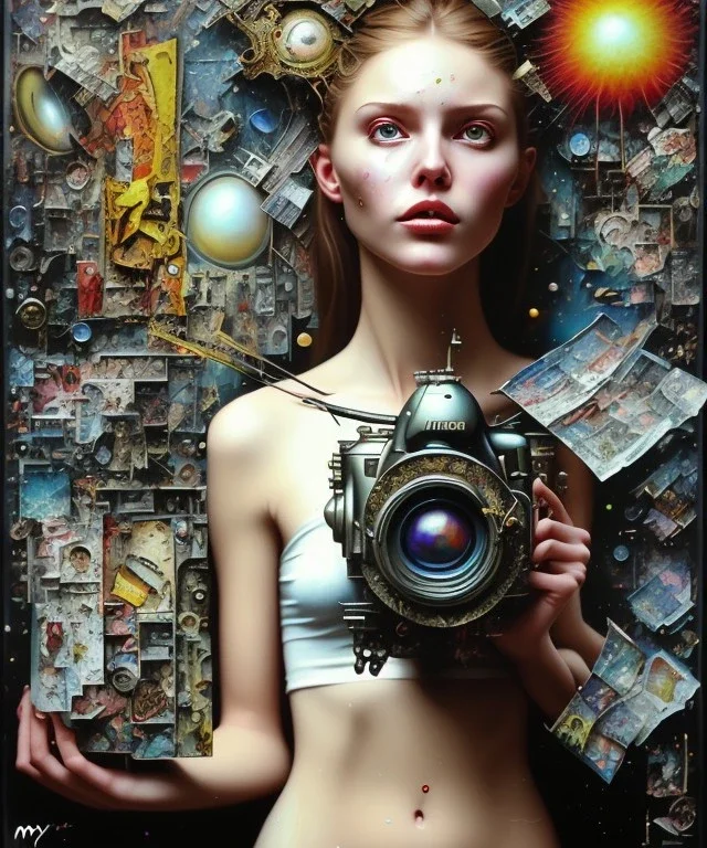 happy beautiful girl holding big proffesional camera in studio. street art, oil on canvas, spray paint, collage, letters, newspapeers, Dave McKean, Vladimir Fedotko, Saturno Butto, Vaughn Bodé, Frank Wu, James C. Christensen, collage, dirty, paint dripping, radiant