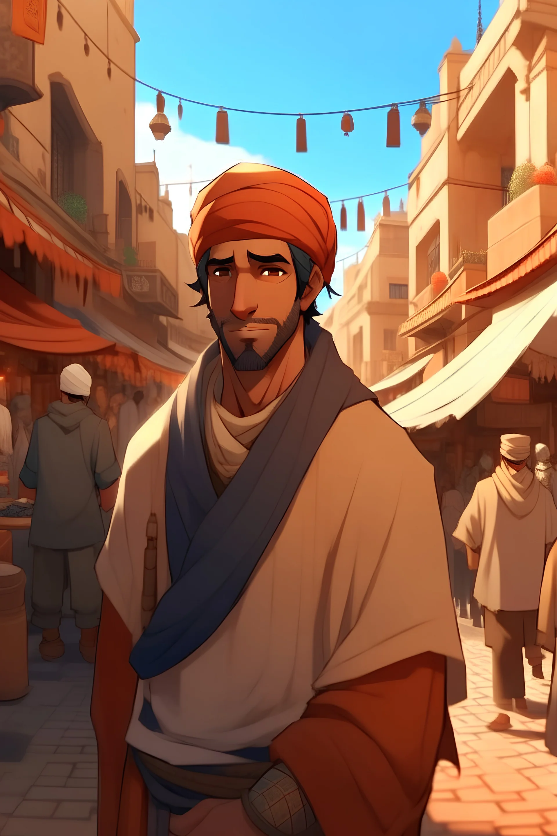 Morrocan hero in anime in marrakech with his upper body in souk in a good position A little far from the camera