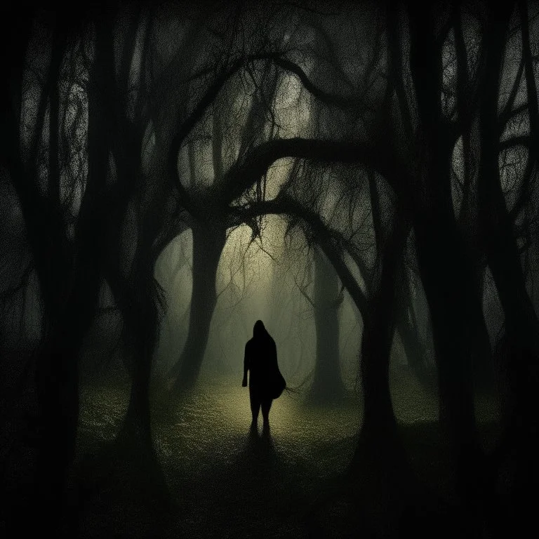 Generate an creepy shadow of a hooded man in an eerie forest with twisted trees, vines, and otherworldly elves hidden in shadows. The ground is covered in moss and leaves. A haunting chorus echoes in the distance. The overall mood should be mysterious and unsettling. Avoid modern elements or bright colors. There has to be shadows in the tops of the trees or behind the trees.