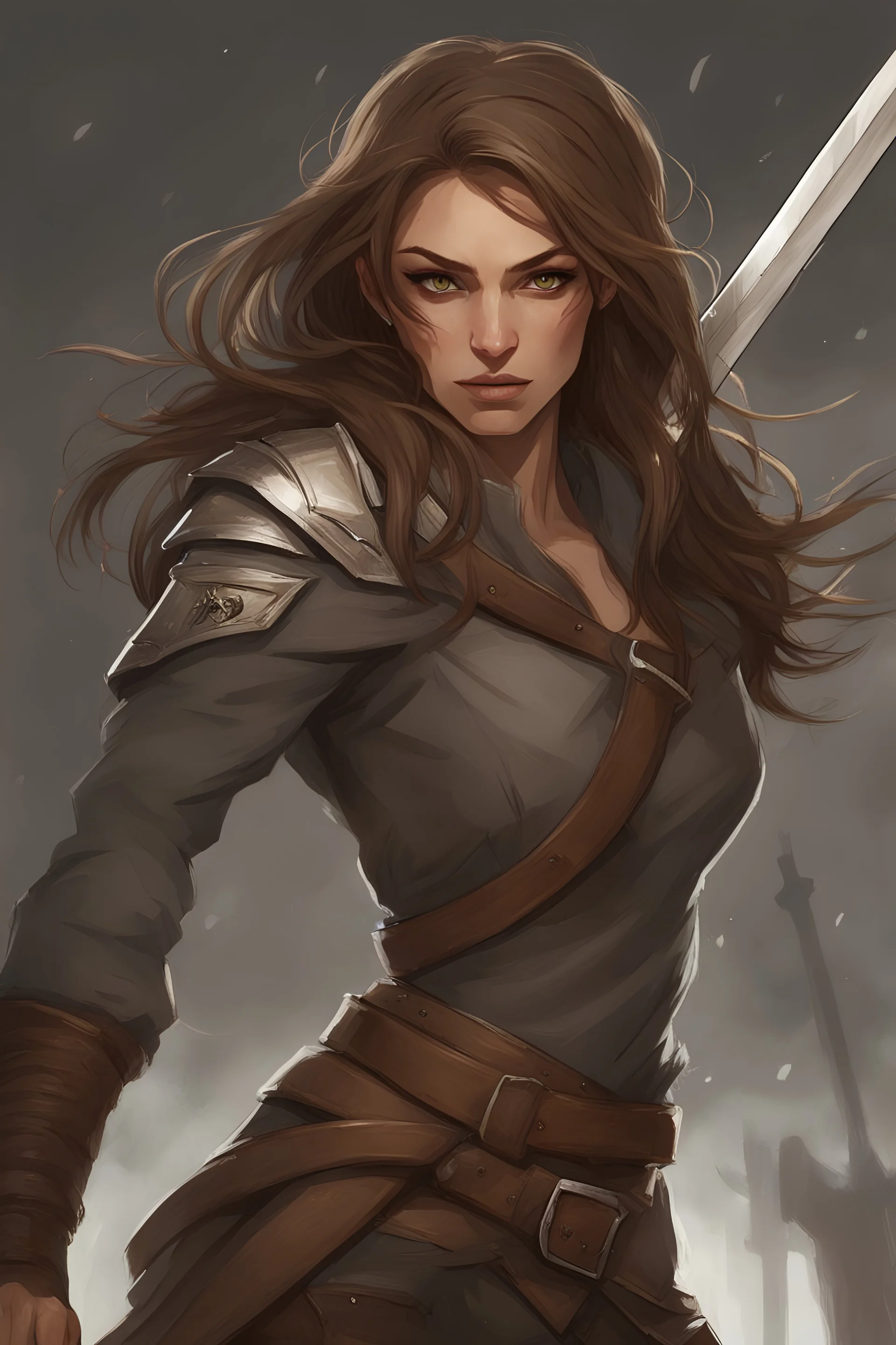 rogue. elf woman. beautiful. sharp features. smirk. hazel eyes. messy log brown hair. two swords peaking from the back. rogue criminal grey and brown clothing.