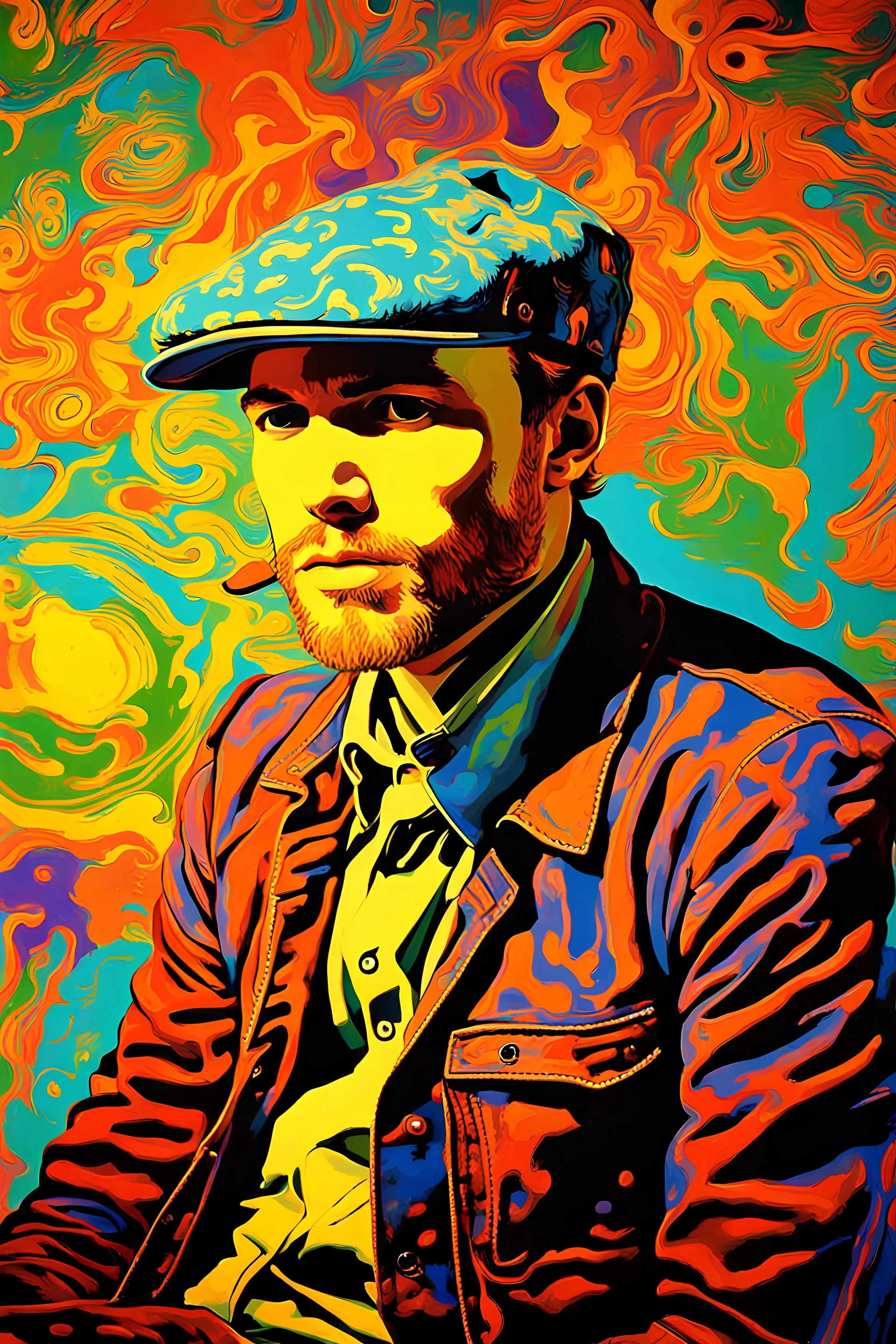 painting of a psychadelic Portrait of the Artist as a Young Man working in his classic room by van gogh and andy warhol infusion.