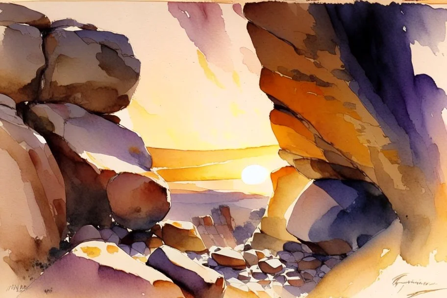 Sunset, rocks, mountains, rocky land, epic, john singer sargent watercolor paintings