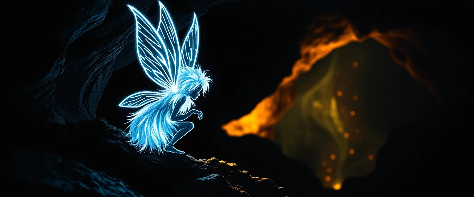 pen outline with some neon airbrush, reflective transparent glowing pixie in the shadows with long fluffy white fur looking at awesome glowing cave painting, pin hole camera, in the style of Rembrandt
