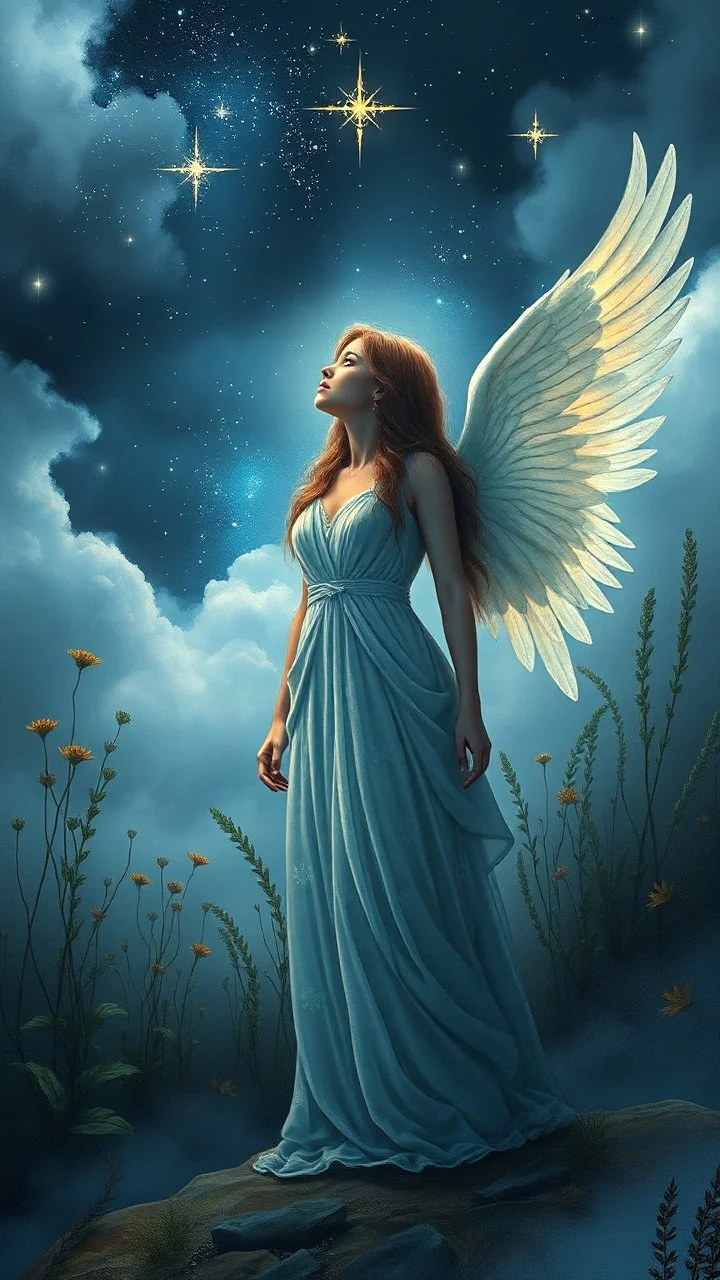 A beautiful Angel like woman standing looking at the stars in the background and plants of out of this world in a blue and gray cloud of stormy weather a