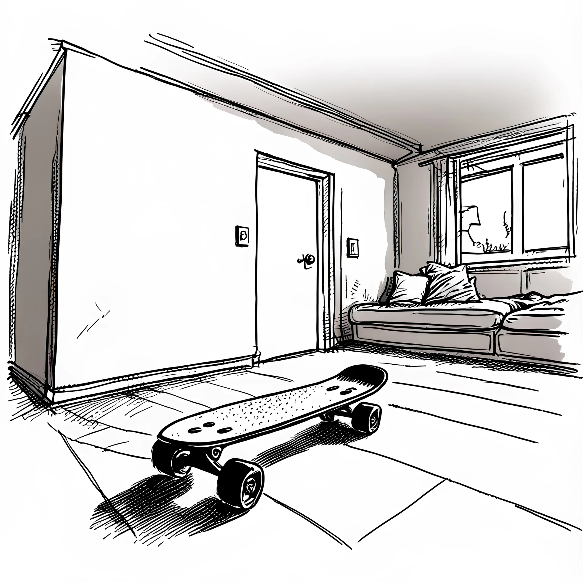 sketch, a skateboard , it is on a corner of a room