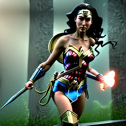 Wonder woman battles a insect, metaform, rain in background, close-up face, geometric armor, 3d unreal engine, close up armor, fine detail, cyber parts, parts are hollow