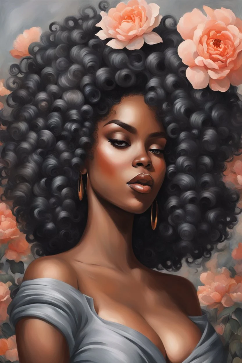 Create an expressive oil painting art image of a curvy black female wearing a grey off the shoulder blouse and she is looking down with Prominent makeup. Highly detailed tightly curly black afro. Background of large peach and grey flowers surrounding her