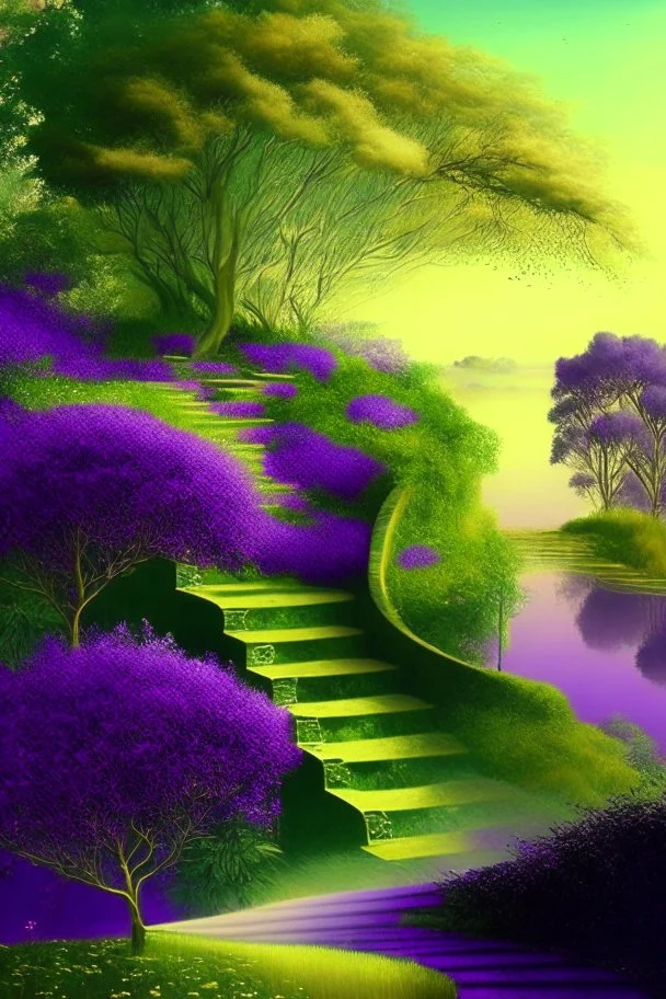 garden sky field trees river pools gold green purple stairs