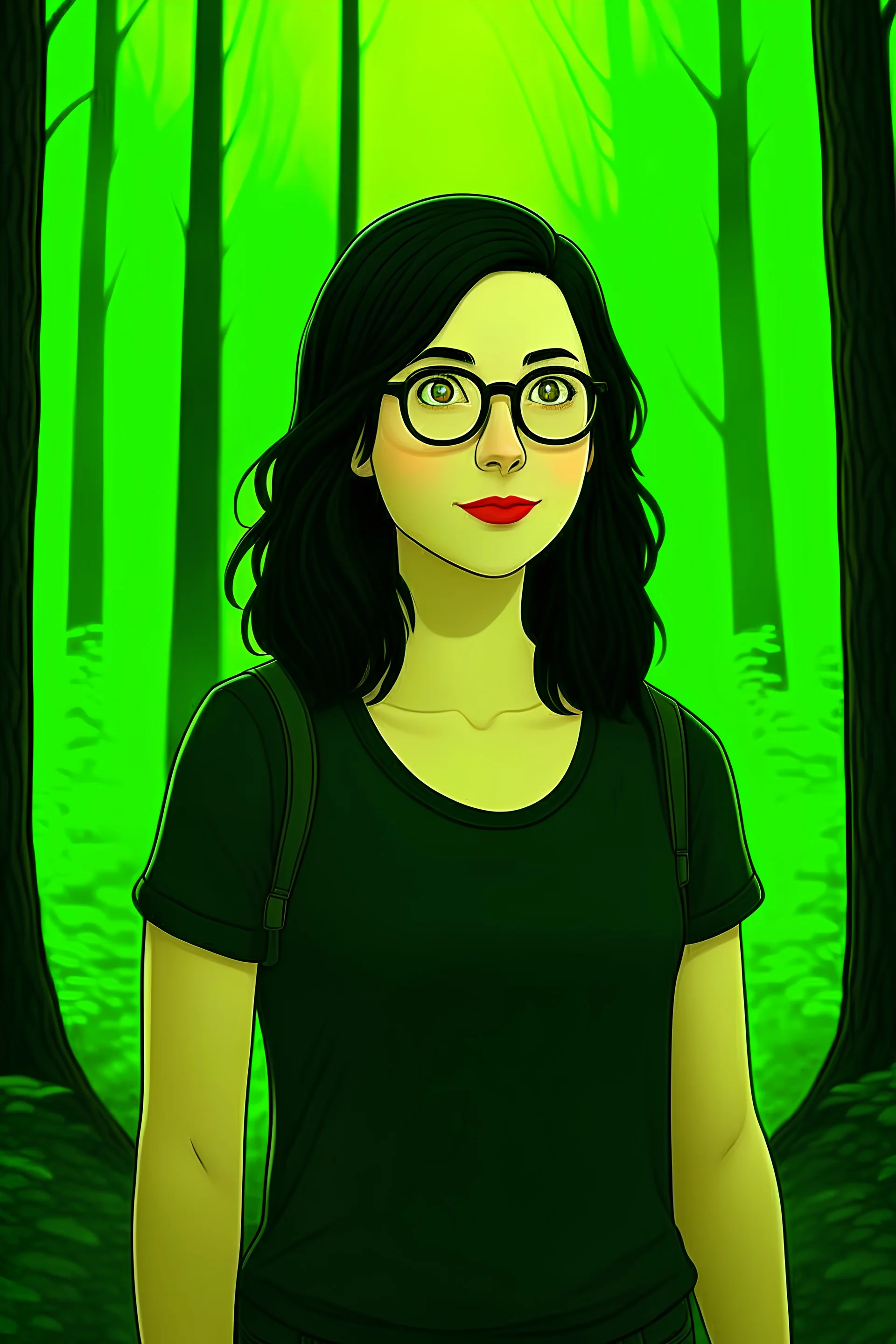 an illustration of a young woman with dark shoulder-length hair, fair skin, and green eyes. She wears glasses, and a black tshirt and jeans. She has round features. She is exploring a forest.