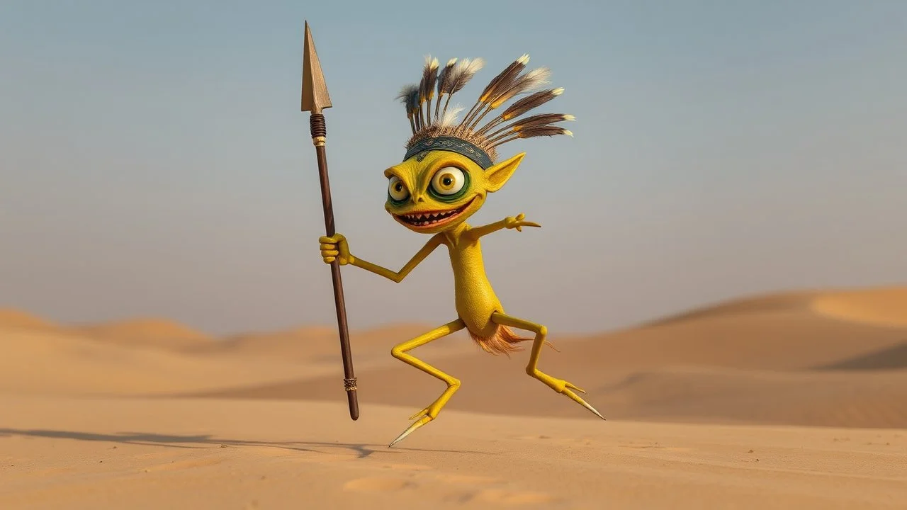 a funny crazy maniac little creature that dance in a desert, the creature is yellow and green, have big eyes and long legs, he likes to dance and jump with his spear, he ls little evil and likes to scream "Musta", and have a big mouth sharp teeth, small penis, tribal look, head dress with feathers