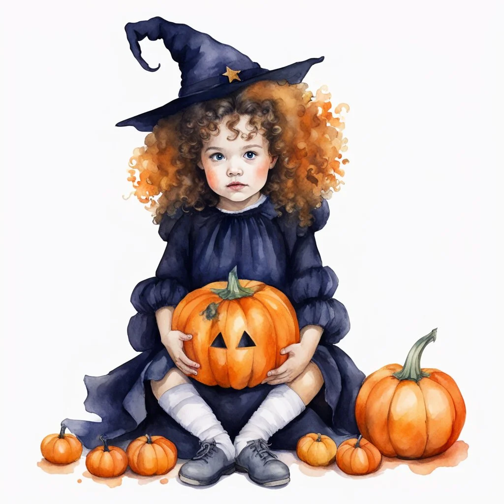 Hyperrealistic watercolor illustration of a little girl with curly hair in a witch costume sitting facing the viewer and hugging a bright orange large pumpkin with a Halloween muzzle. White background