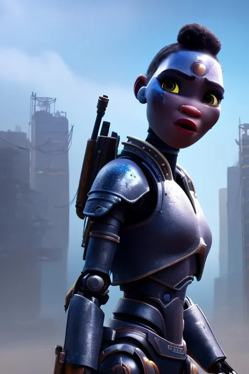 portrait,beautiful african robot, post-apocalyptic in a cyberpunk city, realistic, intriacte detail, sci-fi fantasy style, volumetric lighting, particales,highly detailed,cinamatic, deep colours,8k