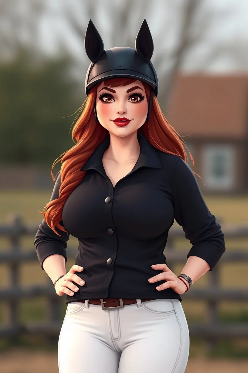 In a realistic, non-anime, cartoon style like: body shot of 40-year old chubby redhead with thick red lips and smoky eyes with long lashes who looks a lot like Jewel DeNyle. She is wearing equestrian attire with tight white pants.