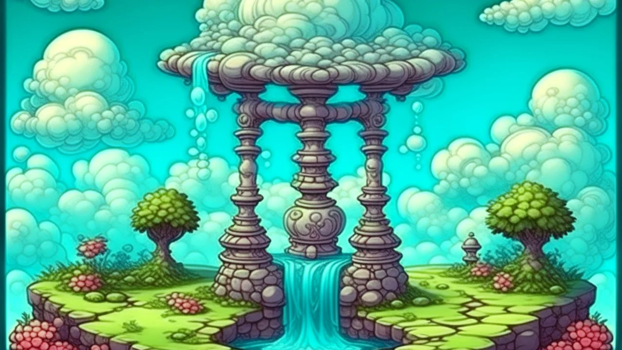 Fantasy style illustration with the water well and the clouds