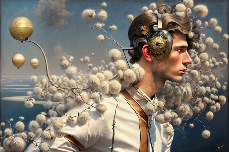 Streamline moderne man with headphone windblown hair trees leaves carel weight Oxana dobrovolska catrin welz-stein andrea kowch andrea kurti art deco surrealism