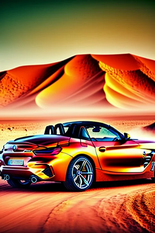 a realistic photo of a bmw z4,the car is spray painted with graffiti, desert background with sand storm to make the car stand out, colorful and stylish graffiti, 12k highly detailed and realistic , Masterpiece, dramatic product shot