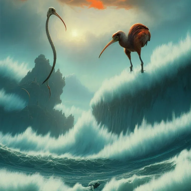 an exotic ibis in orange and green full battle armor, background of giant crashing ocean waves, a highly detailed illustration, realistic render, 8 k, micro detail, intricate, elegant, centered, digital painting, smooth, sharp focus, illustration, artgerm, tomasz alen kopera, peter mohrbacher, donato giancola, joseph christian leyendecker, wlop, boris vallejo