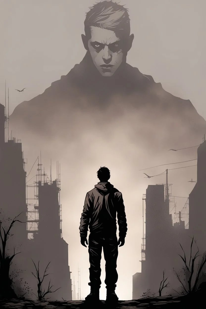 girl, standing, silhouette, comic book,post-apocalypse, gray background,