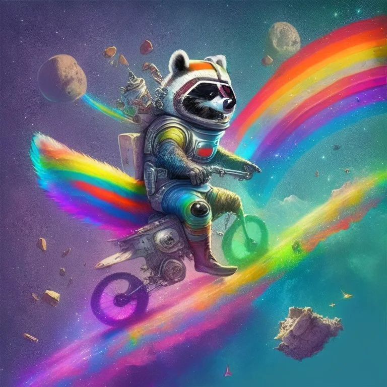 A raccoon astronaut riding a rainbow bike on a mission to gather space trash, jumping over asteroids as he goes.