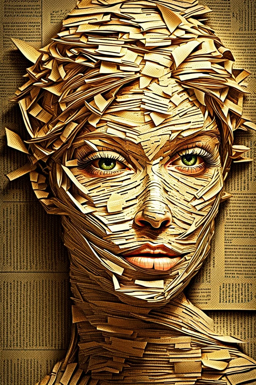 Beautiful face made of newspaper, trending on artstation, sharp focus, studio photo, intricate details, highly detailed,:y.k: by greg rutkowski Modifiers: digital painting fantasy beautiful Greg Rutkowski beautiful face, surreal