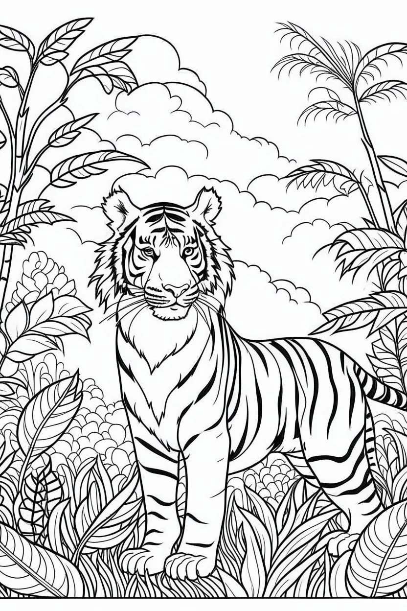 Showcase a cute tiger in a lush Asian rainforest, clean line art, white background, no shadows, black and white coloring book.