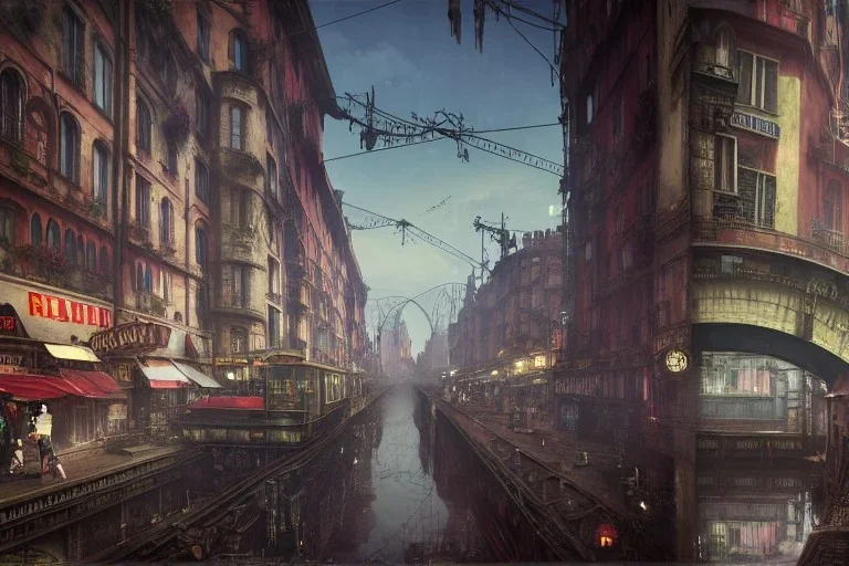 Corner Elevated Train run raid Train Canal River and corner shop greengrocer in colorful Italian street+Gothic city+BioShock+Dishonored+Bloodborne +trieste+Edinburgh+Chicago+victorian London+decòpunk Skyscraper+ +steampunk+biopunk+alphonse mucha, greg rutkowski,matte painting, cryengine, hyper detailed, felix kelly, fantasy art, seb mckinnon