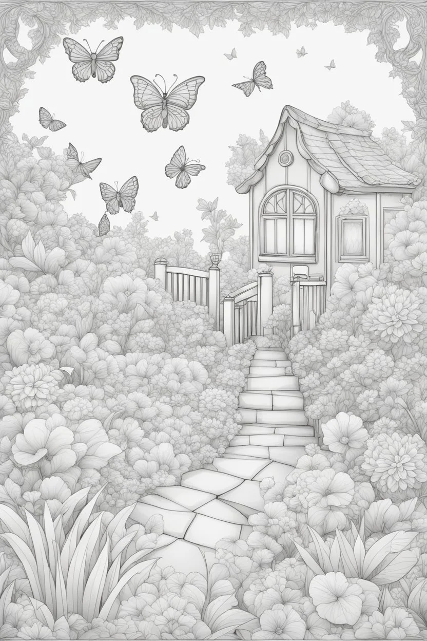 Stress Relief themed coloring page for adult, cartoon style, thick outline, No details, No shading, No colors, no background, black outline only, A cute garden teeming with intricate floral patterns and charming butterflies