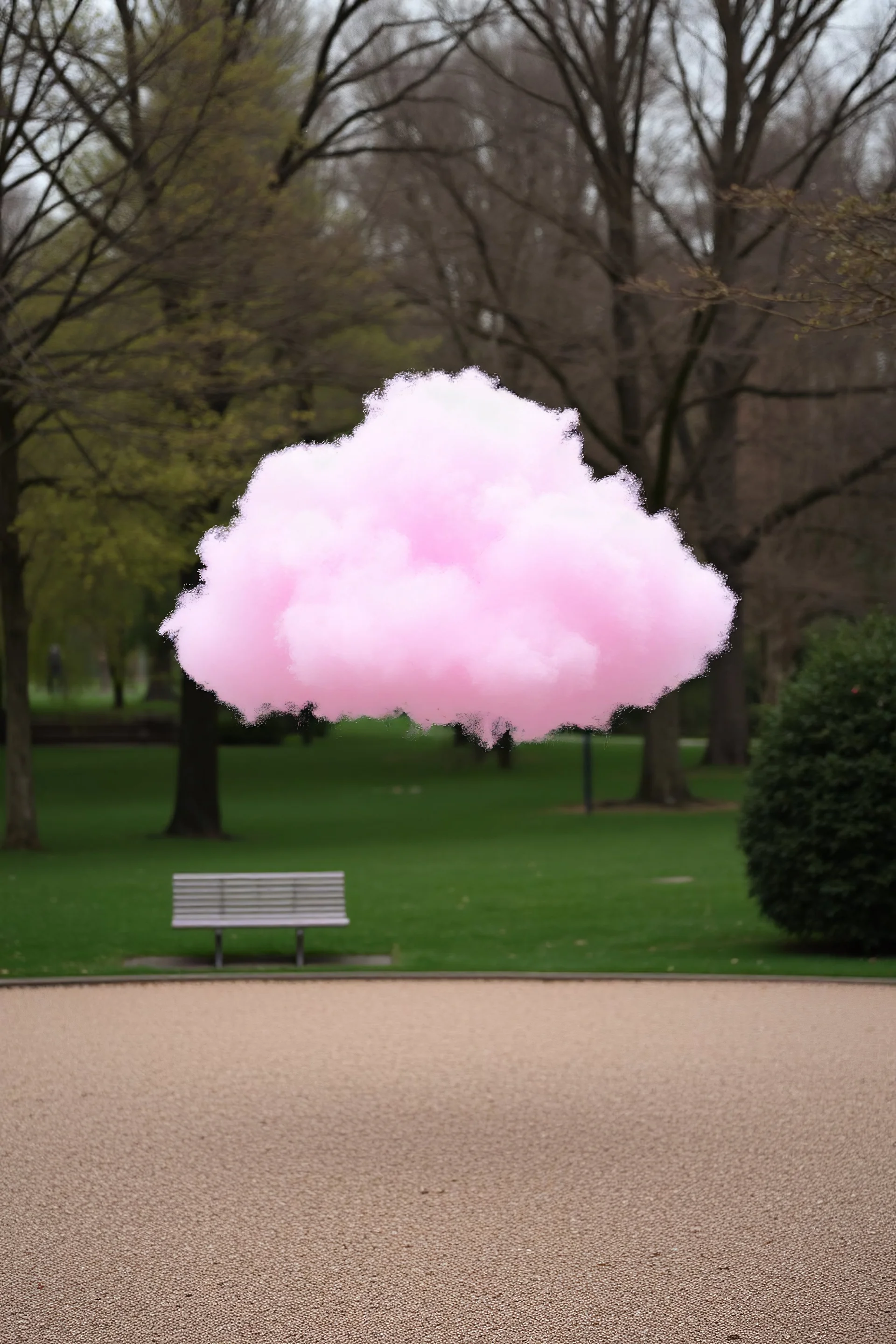 A pink plastic cloud floating in the park