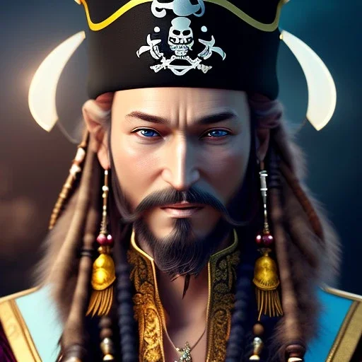 old pirate,detailed eyes, disturbed expression.intricate detaile,thnically accurate face, intricate head dress,detailed 1800 pirate suite, detailed hair, detailed feathers, use dynamic palette, accurate proportions, high contrast black smokey bokeh background.studio ghibli,andrea bonelli, style.