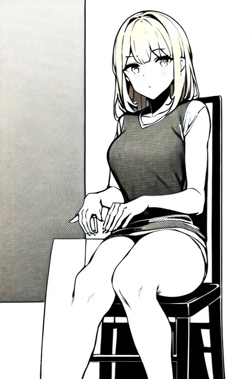 blonde girl speaks sitting on a chair, grayscale