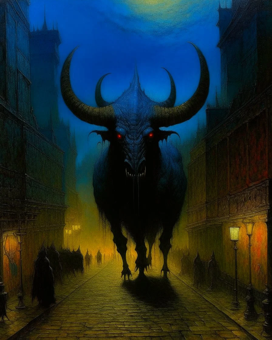 A dark blue demonic empire with jagged horns painted by John Atkinson Grimshaw