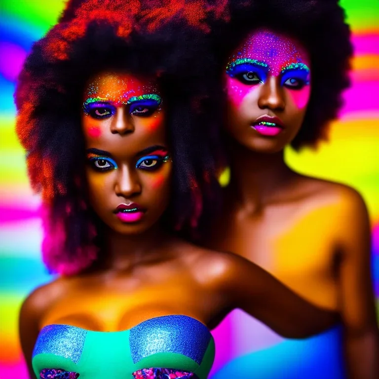 full body shot, masterpiece, best quality, family of three, dark skinned, sparkling eyes, fluorescent skin, colorful makeup, afro, highly detailed body, sun light, 4K, RAW, depth of field, high contrast, realistic details, 24mm