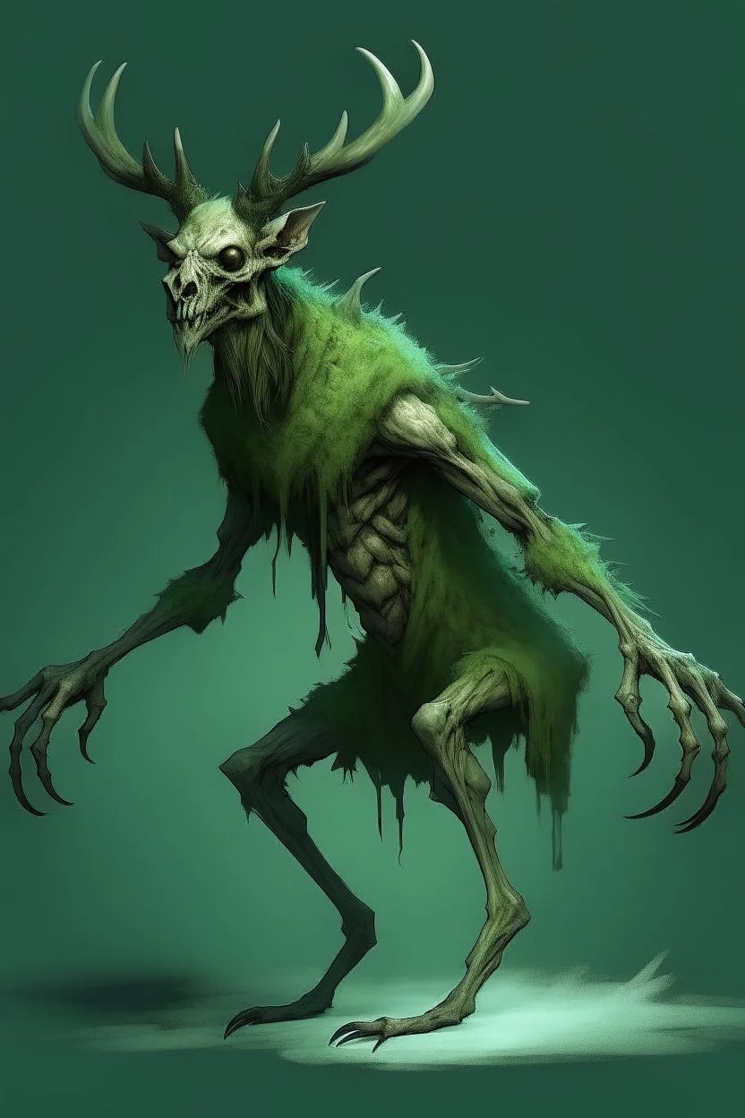 wendigo green fur slightly hunched over with deer skull covering head and face, fingers ending in claws with long arms reaching knees, eyes that are sunken back, full body image