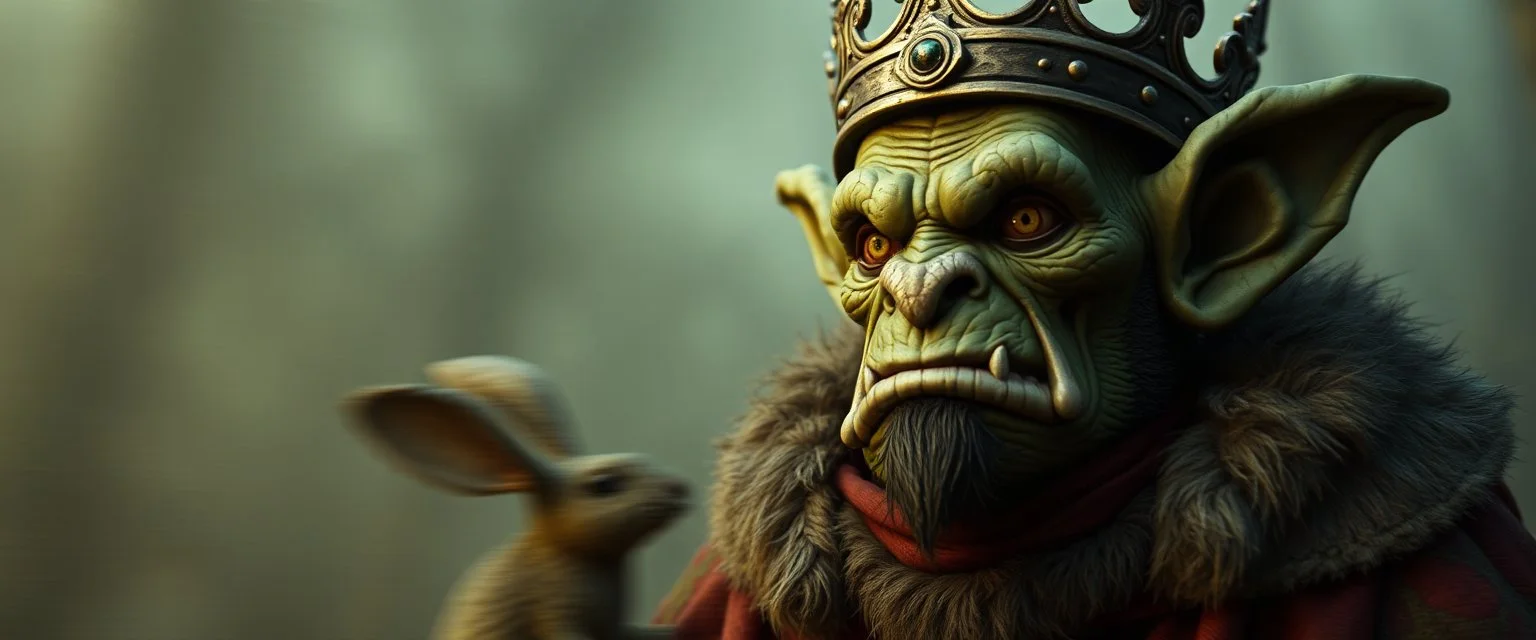 king troll mouse rabbit orc in style of Rembrandt and Fallout 4, with motion blur