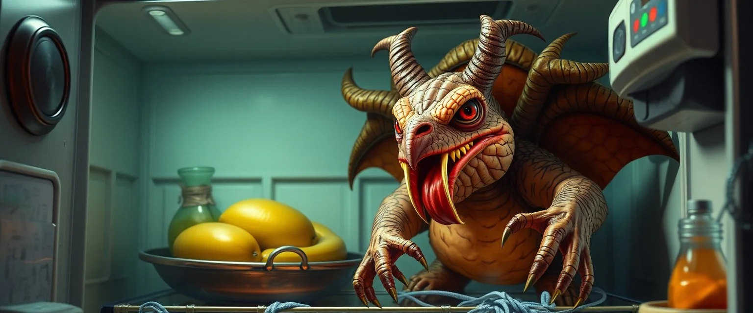 final boss pork turkey sloth demon in the fridge space craft in the style of fantasy art