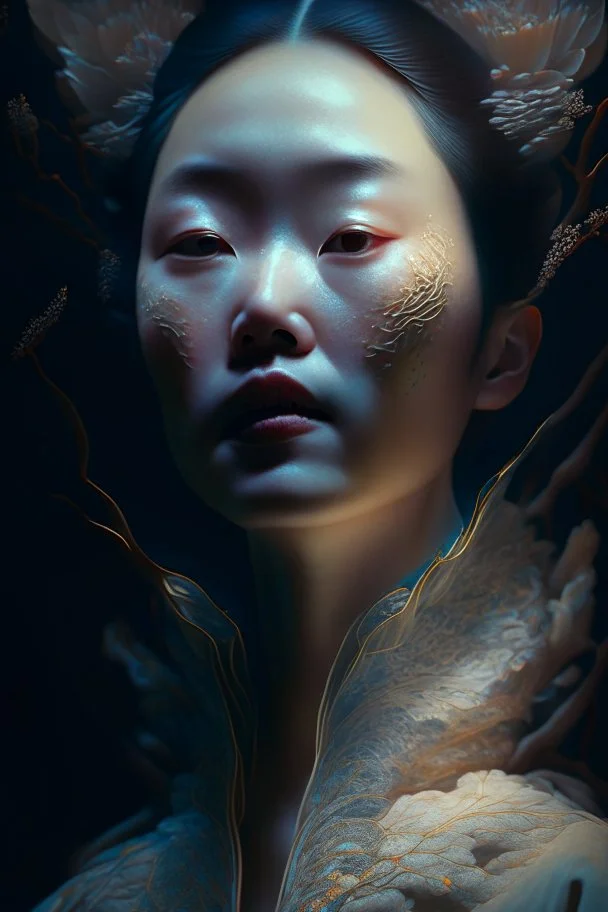 portrait of a korean woman, fractal, intricate, elegant, highly detailed, digital photography, subsurface scattering, cinematic lighting, by jheronimus bosch and james jean and greg rutkowski