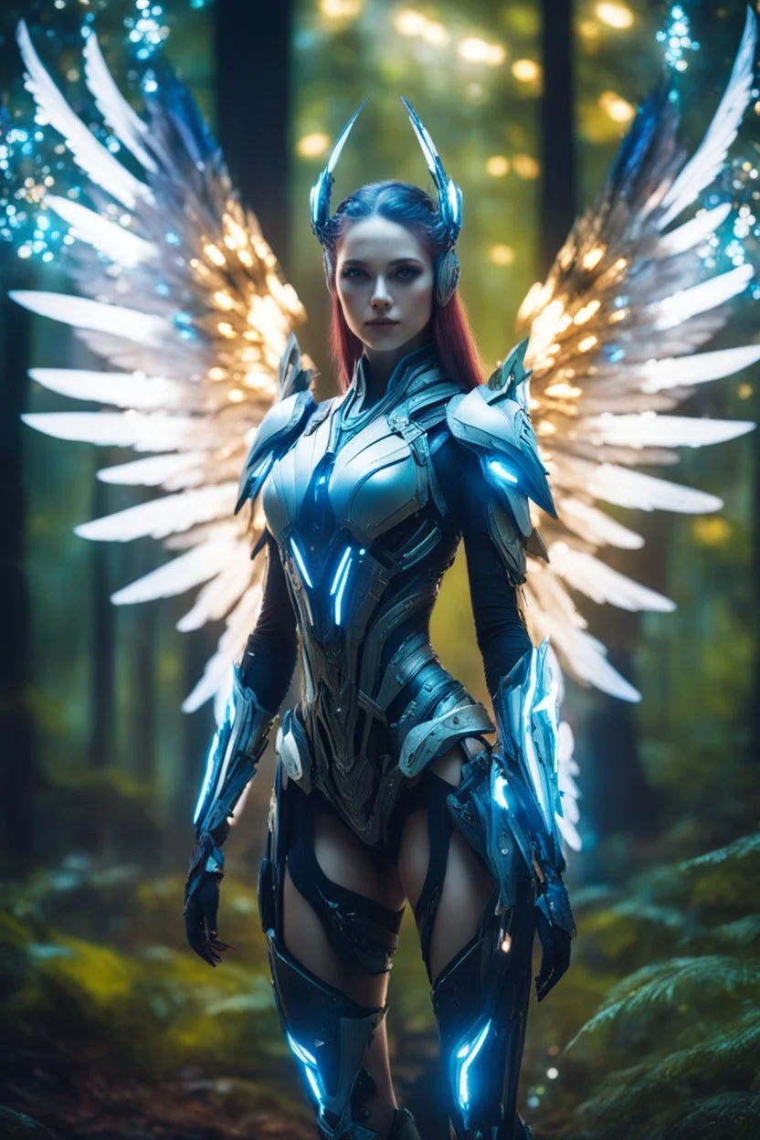 Close up Facing Front night photography Beautiful Angel woman cyborg cybernetic ,futuristic warframe armor, straddle wings in Magical Forest full of lights colors, Photography Art Photoshoot Art Cinematic Soft Blur Colors