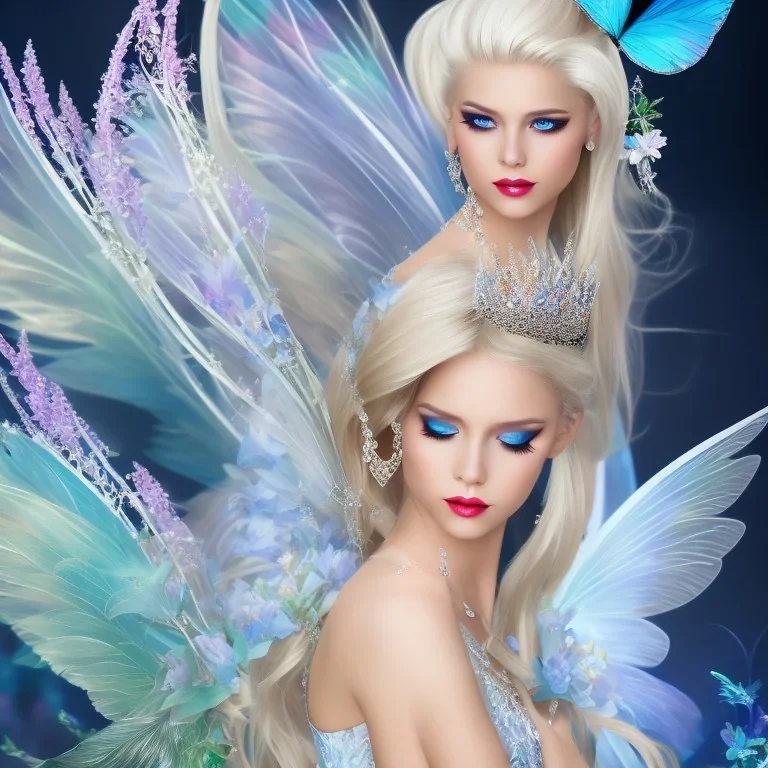 Fantasy fairy with transparent wings, smiling, make up, long platinum blond hair with crown and flowers, blue dress, flower background