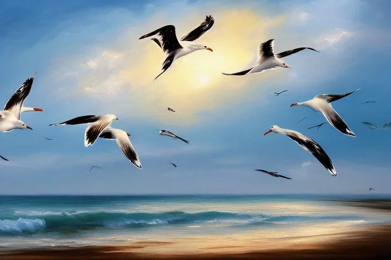 seagulls flying over the sea in the evening, oil painting deviant art wallpaper