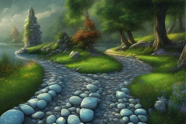  winding stone path lit river