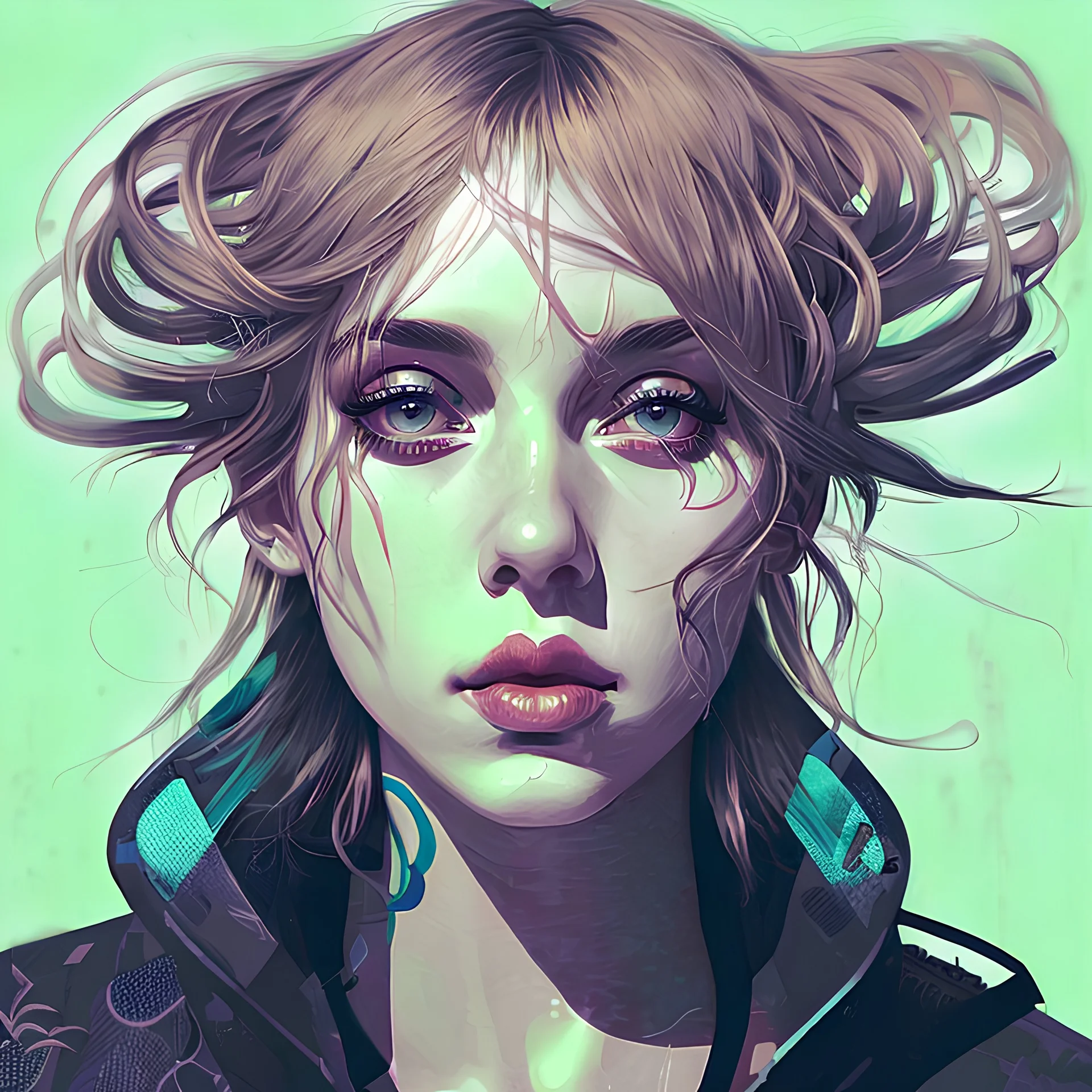 A beautiful portrait painting of a Singer Danish MØ face by Katsushika Hokusai, beautiful cyberpunk huge girl, symmetry, hyperdetailed, illustration darkblue tones,