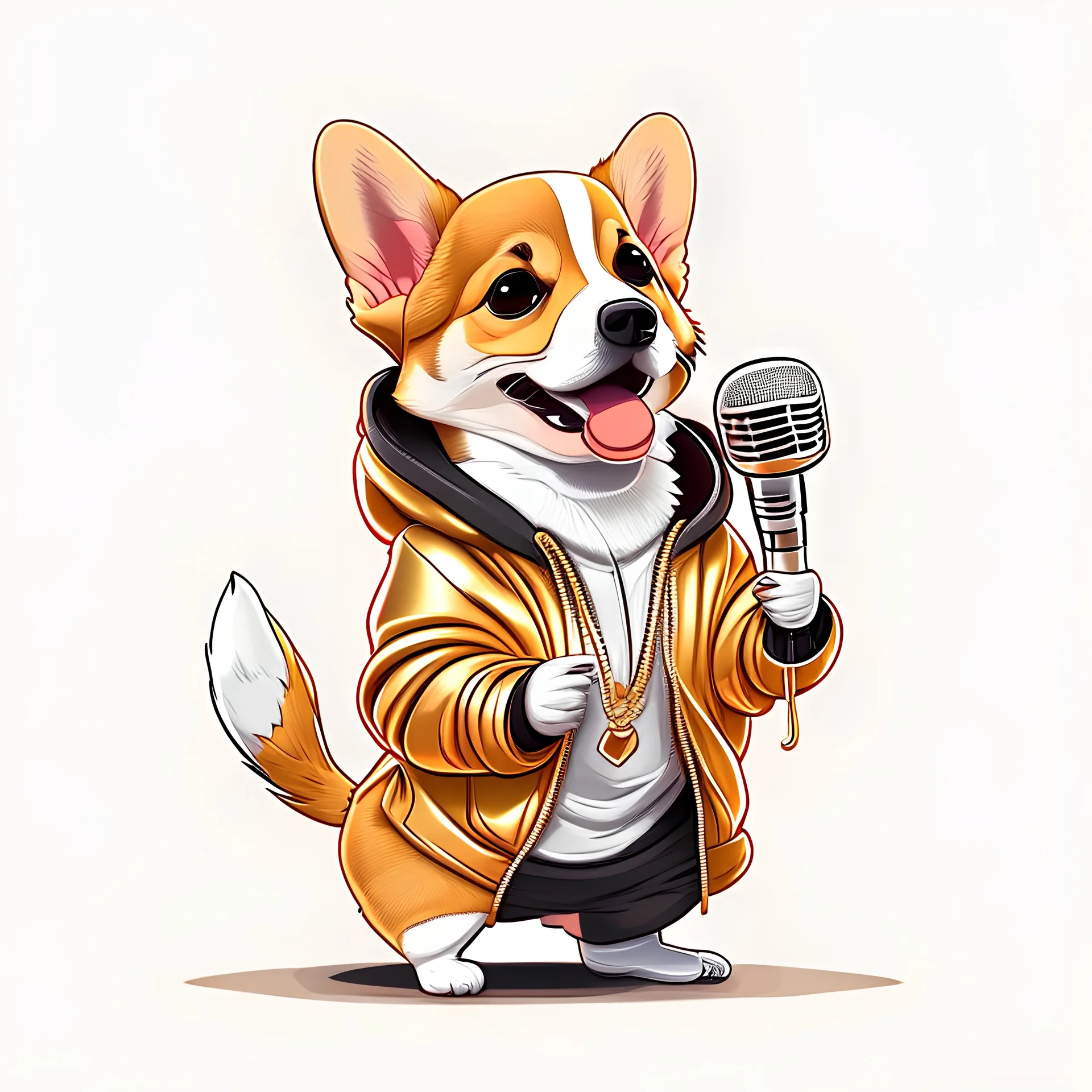 corgi wearing hoodie jacket, wearing gold necklace, rapping or singing with a mic, cartoon style, full body, great anatomy, no background colors.