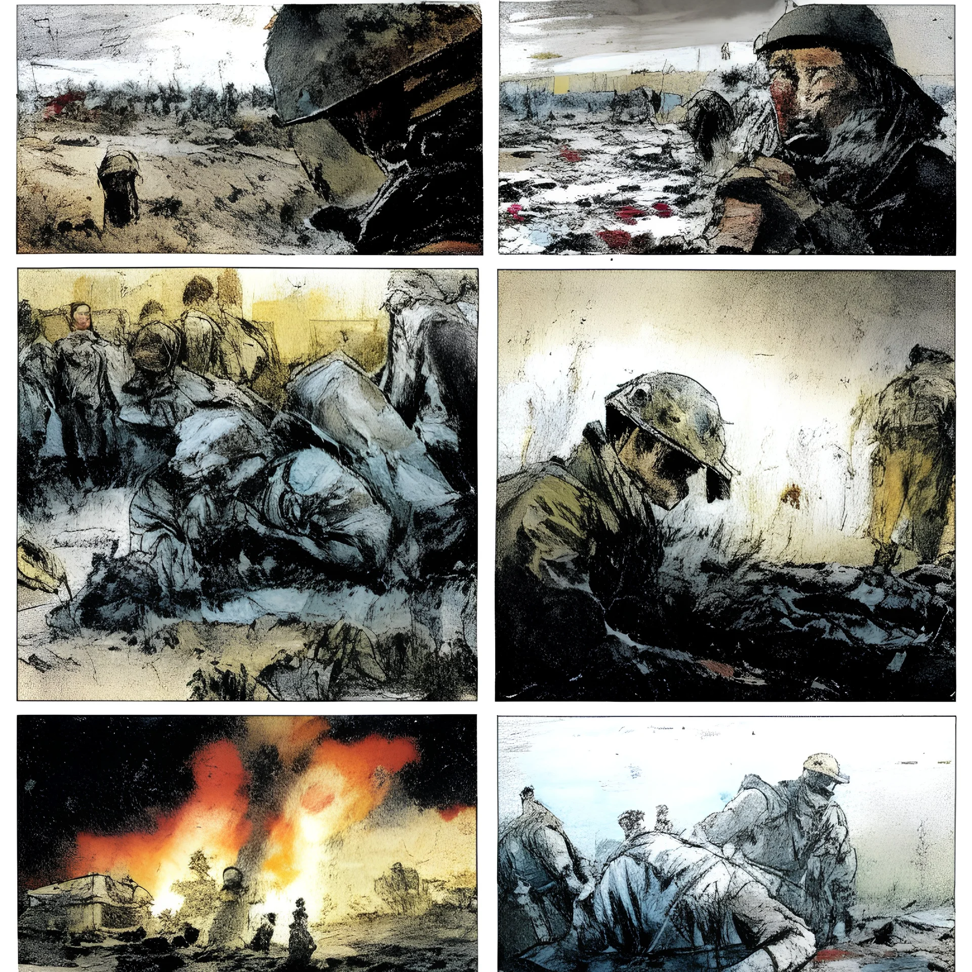 Masterpiece1:5)(Fineart), (award-winning:1.5), highest quality,(by Tim Page, Hoorst Faas:1.5), war journalism, ink and colored pencil sketch of photocollage,(Eastern Ukraine:(panel one:the moment after a battle ends, horrors of war, wounded men),(2nd panel, cinematic shot of men sitting in trench with 1000 yard stare (focus on their eyes:1.5)),(the third panel shows troops tired but hyper alert), (the fourth panel shows the sky is filled with incessant, fire and smoke everywhere,)