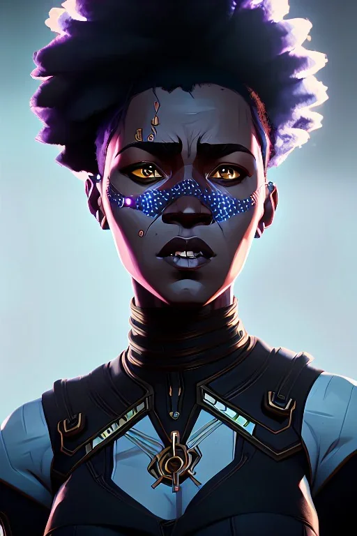 portrait,beautiful black woman, afro hair, post-apocalyptic in a cyberpunk city, realistic, intriacte detail, sci-fi fantasy style, volumetric lighting, particales,highly detailed,cinamatic, deep colours,8k