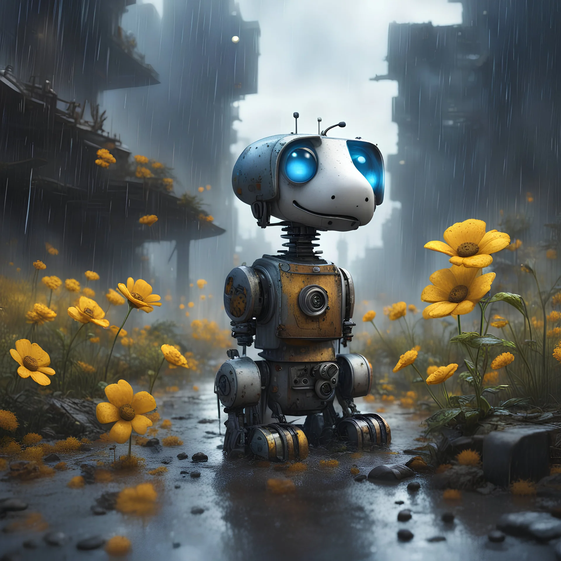 Cinematic 3D matte paint render; Create a post-apocalyptic scene; A Snoopy robot kneeling down in the rain to observe a yellow flower plant. The Snoopy robot is scratched and rusty, with intricate mechanical details and blue lights for eyes. Raindrops fall around it, creating a peaceful yet somber atmosphere. The background shows the ruins of a city filled with piles of metal trash. The robot’s gentle interaction with the flower evokes curiosity and tenderness.