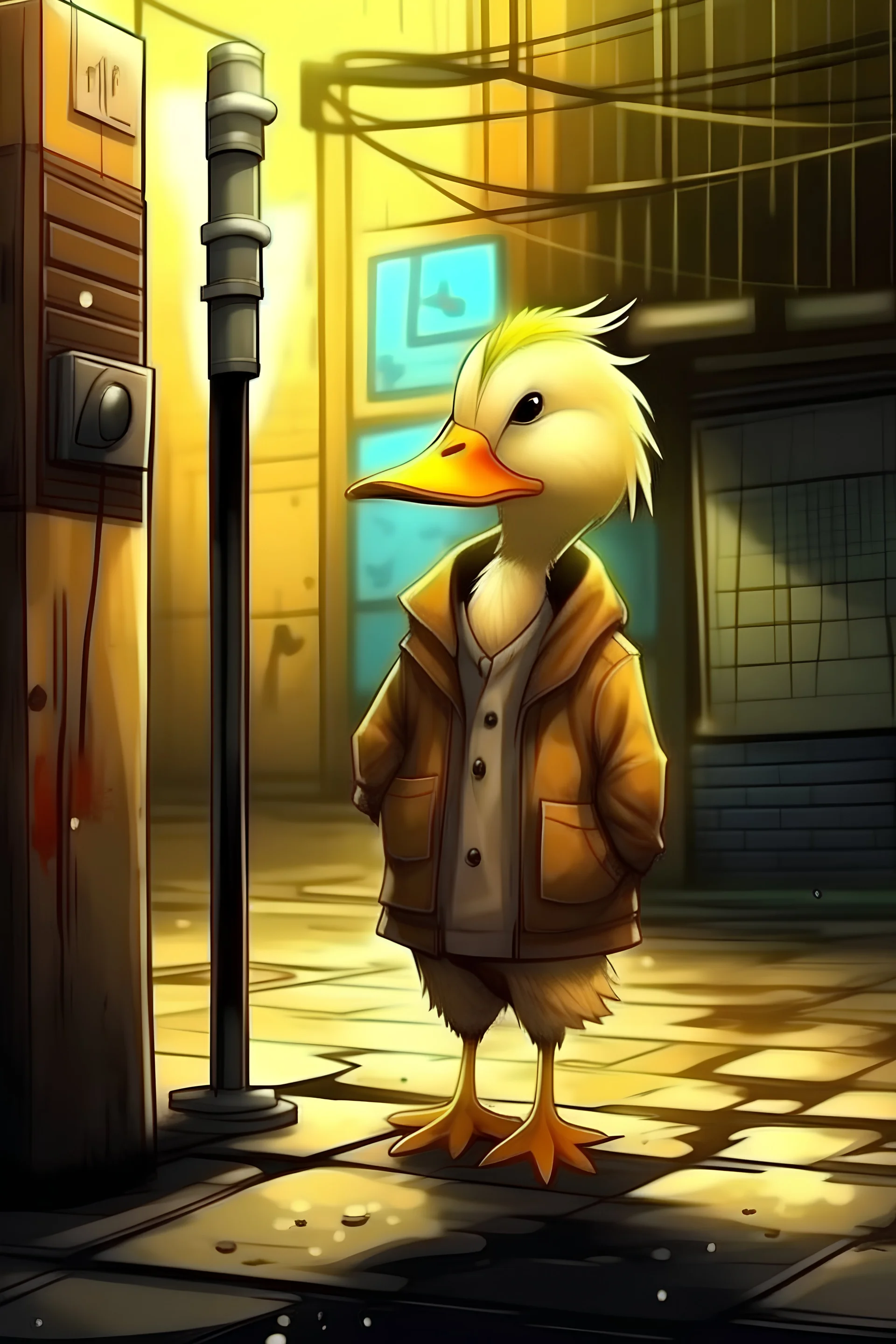 Pato rubio vestido grunge, parado junto a un poste eléctrico, de fondo un callejón con negocios y carteles, estilo animación realista