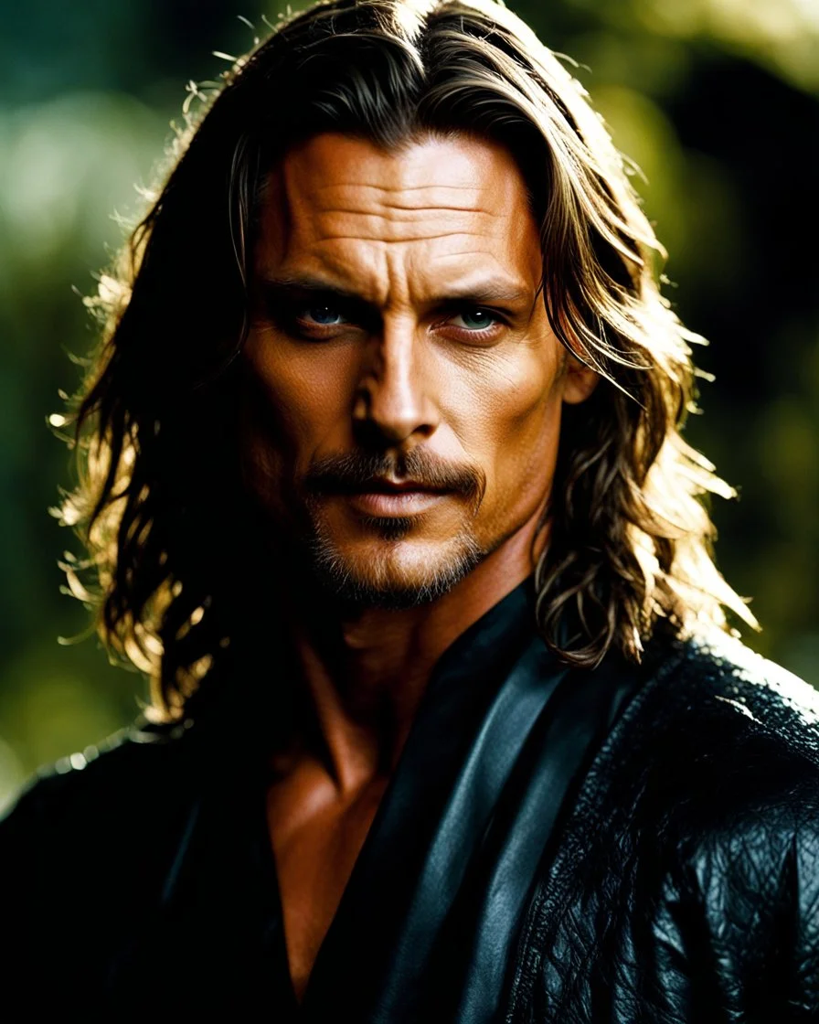 Viggo Mortensen x Jason Mamoa as handsome beta male age 25 with shoulder length hair and a goatee. dark fantasy.