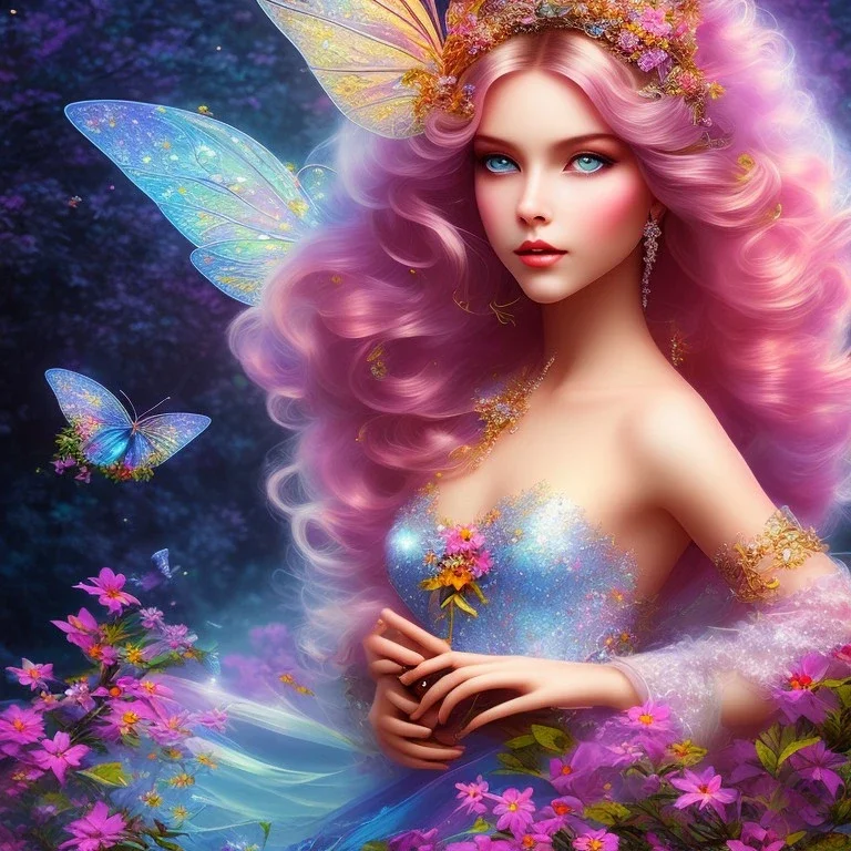 bright fairy, beautiful portrait, flowery landscape