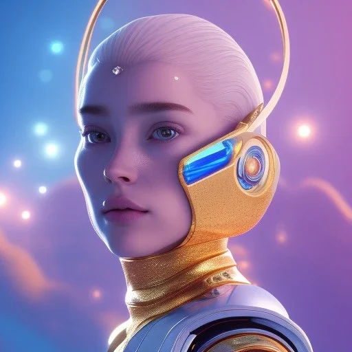 A portrait of a crystalised blue pink extraterrestrial, gold, sunny background, atmospheric, realistic, unreal engine, 8k. Cinematic lighting, octane render.