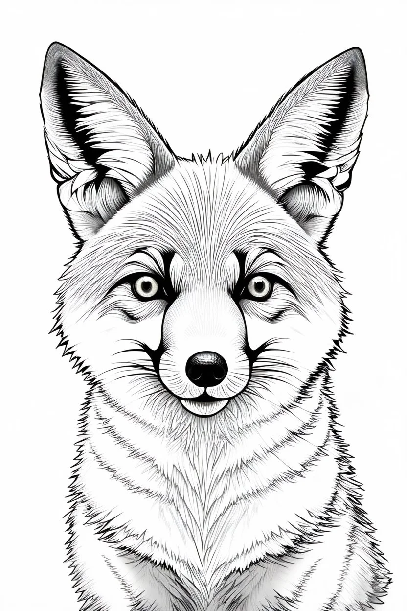 Simple outline colouring book page, portrait of a fox
